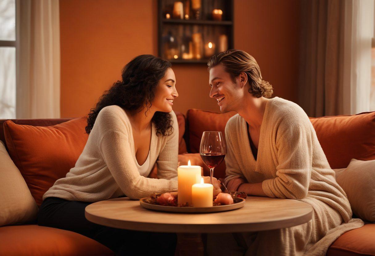 A cozy and intimate setting with a softly lit room featuring a couple sharing a heartfelt moment, surrounded by warm colors and soft textures. Include elements like candles, plush cushions, and a small table with wine glasses to enhance the romantic atmosphere. The couple should be gazing into each other's eyes, showcasing connection and passion. super-realistic. warm colors. soft focus.