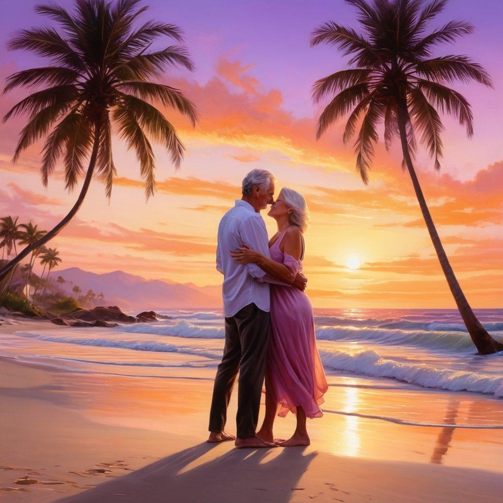 A warm, inviting scene of a couple in their 50s embracing on a sunlit beach at sunset, surrounded by gentle waves and soft sand. They share a heartfelt gaze filled with affection, symbolizing mature love and connection. The background features subtle palm trees and a colorful sky blending hues of orange, pink, and purple. This idyllic moment captures the essence of mature romance. super-realistic. vibrant colors. warm tones.