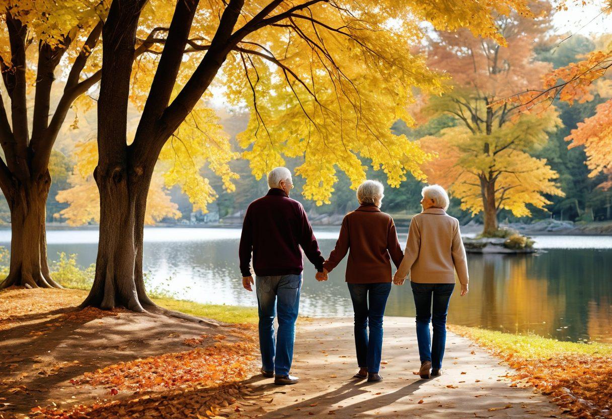 A serene park setting with two mature individuals enjoying a leisurely stroll, holding hands and sharing a laugh. Surround them with gentle autumn leaves falling, symbolizing the warmth of growth in relationships. Include soft sunlight filtering through the trees, creating a cozy atmosphere. The background should depict a tranquil lake, mirroring the serenity of their bond. super-realistic. vibrant colors. warm tones.